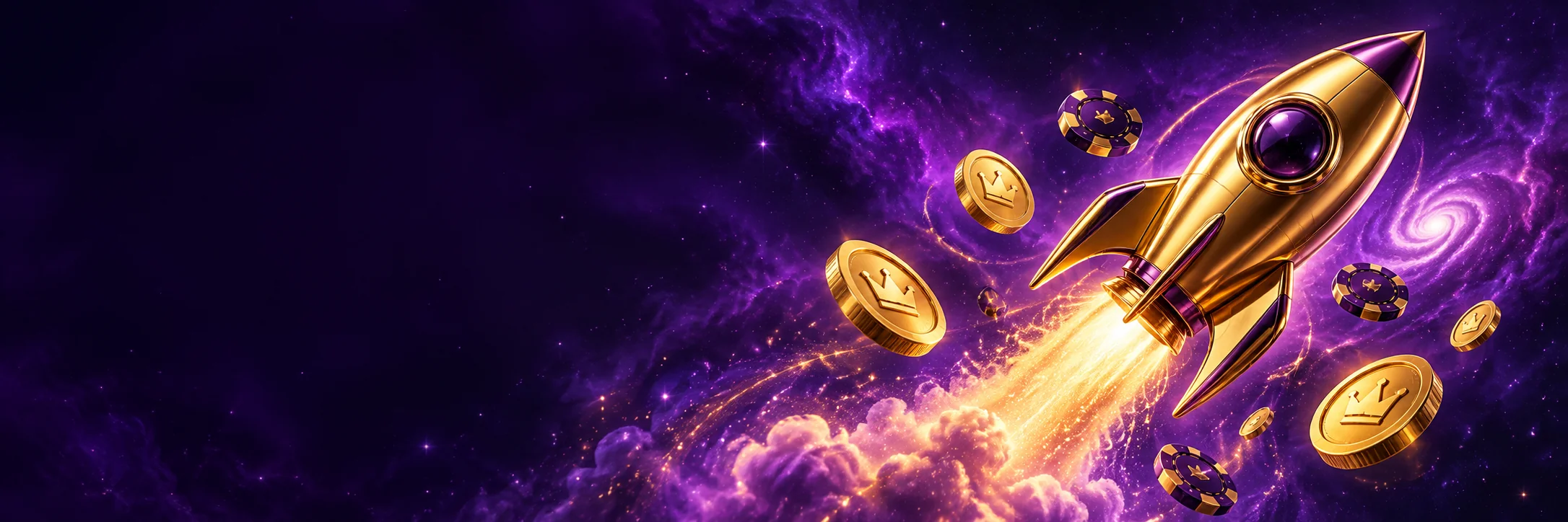 RocketPlay welcome artwork Golden rocket and coins against a purple cosmic background